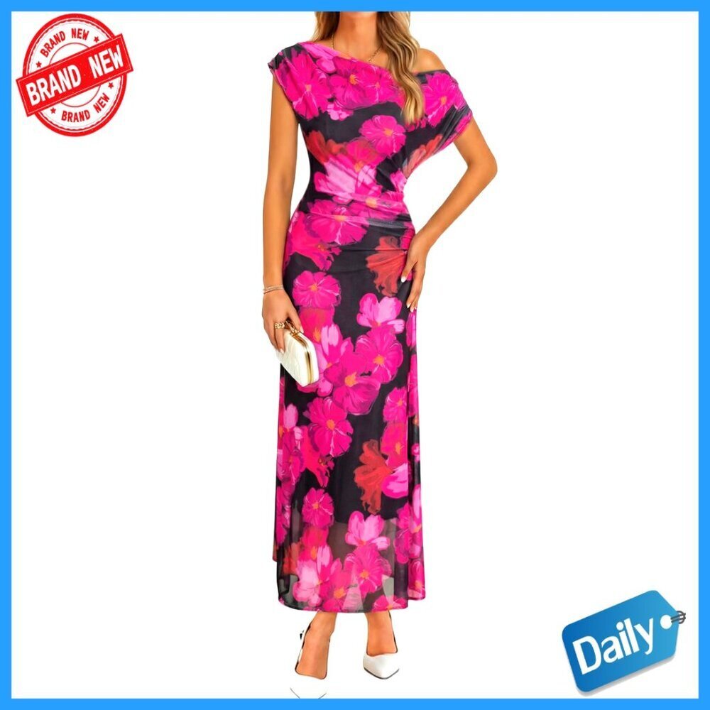 Floral Off Shoulder Maxi Dress Ruched Bodycon Wedding Guest Party Gown